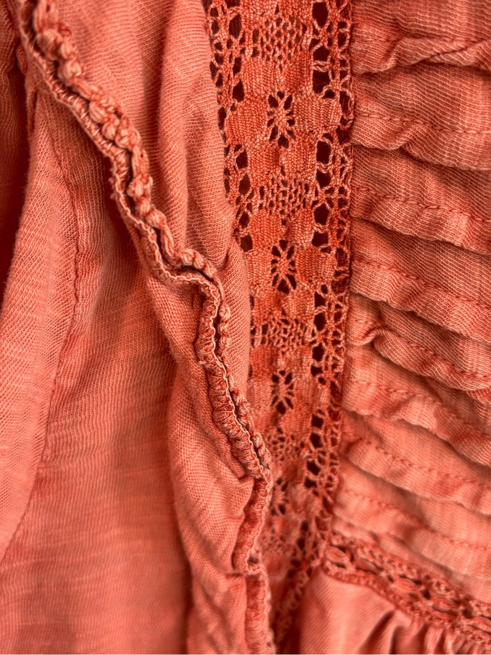 Free People Coral Rust Pintuck Crochet Peasant Top - Picture 5 of 8